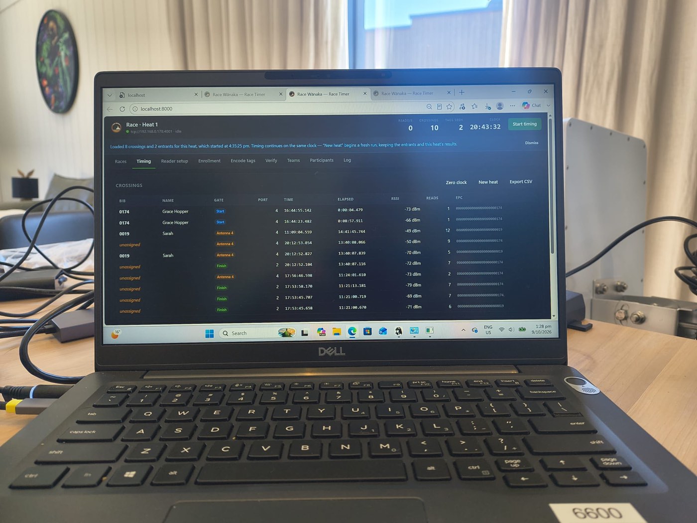 Laptop running the Split Line timing software, showing live crossings from start, finish and antenna gates during Race Wānaka testing